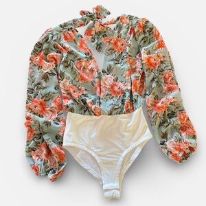 Hello Molly Sage Pink Floral Print Bodysuit Sz 4 Chiffon Long Sleeve Deep V NWT